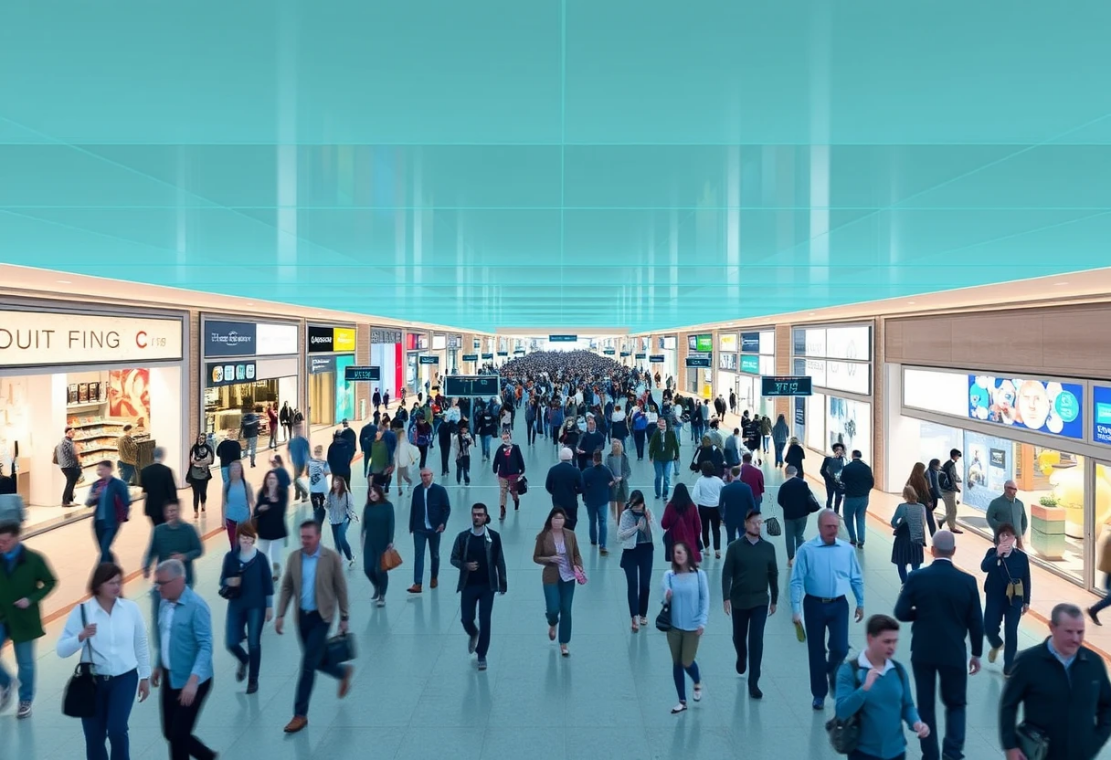 Modern shopping mall interior with busy crowd and digital information displays